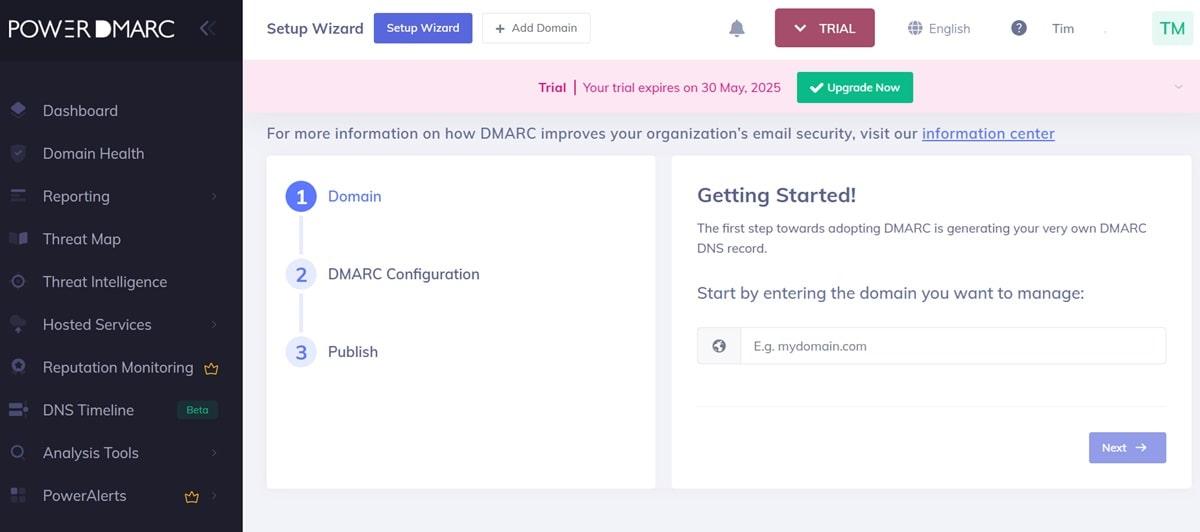 PowerDMARC platform dashboard displaying DMARC analysis tools, threat intelligence features, email authentication monitoring, and live threat map interface
